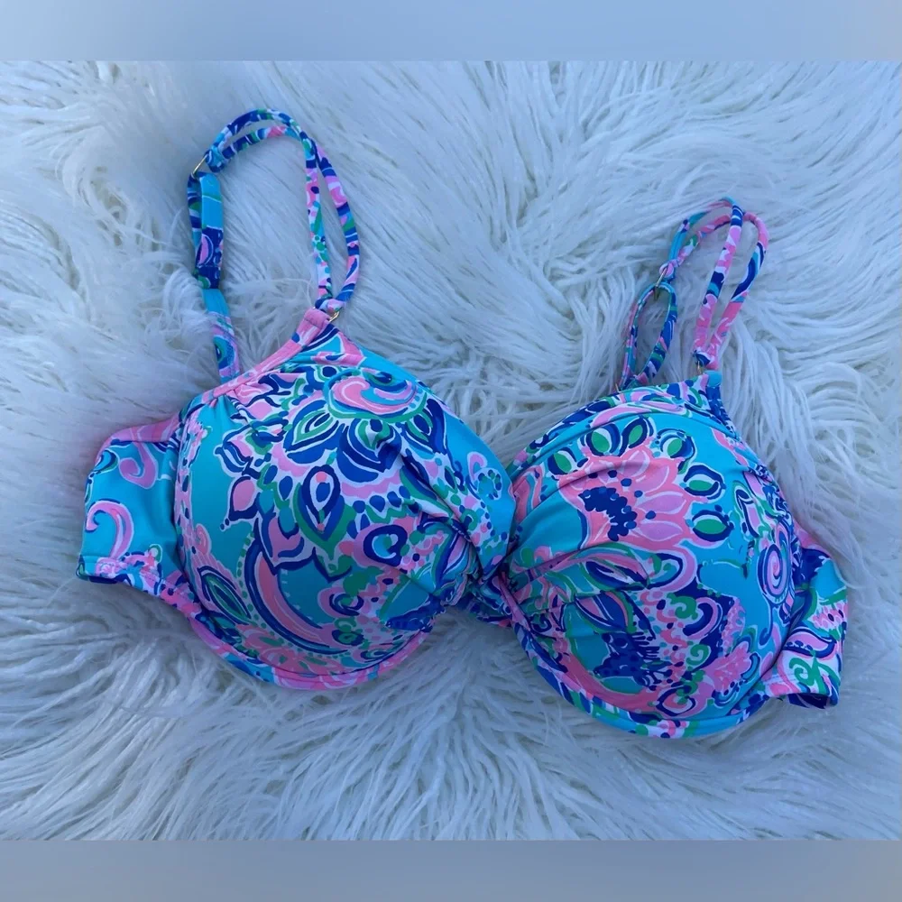 Lilly Pulitzer Aqua Blue and Pink Floral Underwire Bikini Top - Picture 1 of 4